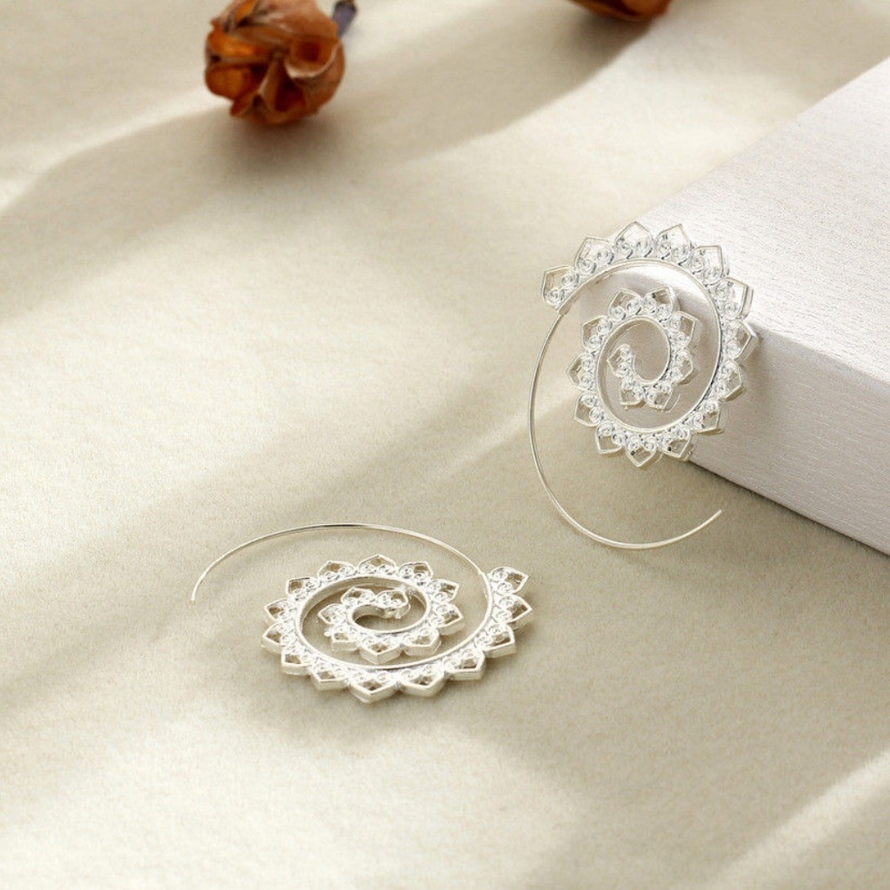 Boho Silver Tone Spiral Swirl Hoops Gypsy‎ Earrings New